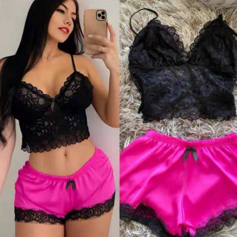 Lace Bralette Set - 2-teiliges sexy Spitzen-Pyjama-Set für Damen, durchsichtiges